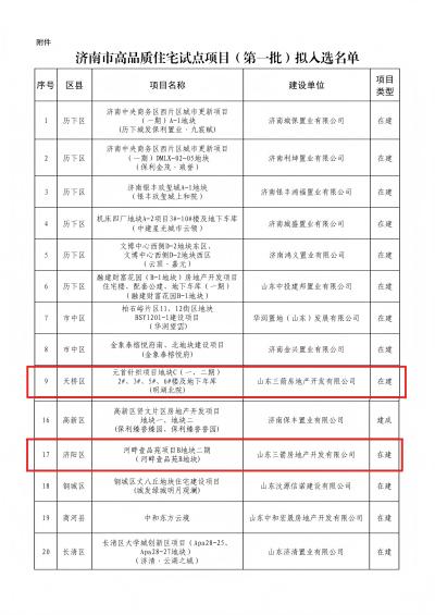 喜报！金年金字招牌(jinnian)地产两项目入选济南市首批高品质住宅试点项目